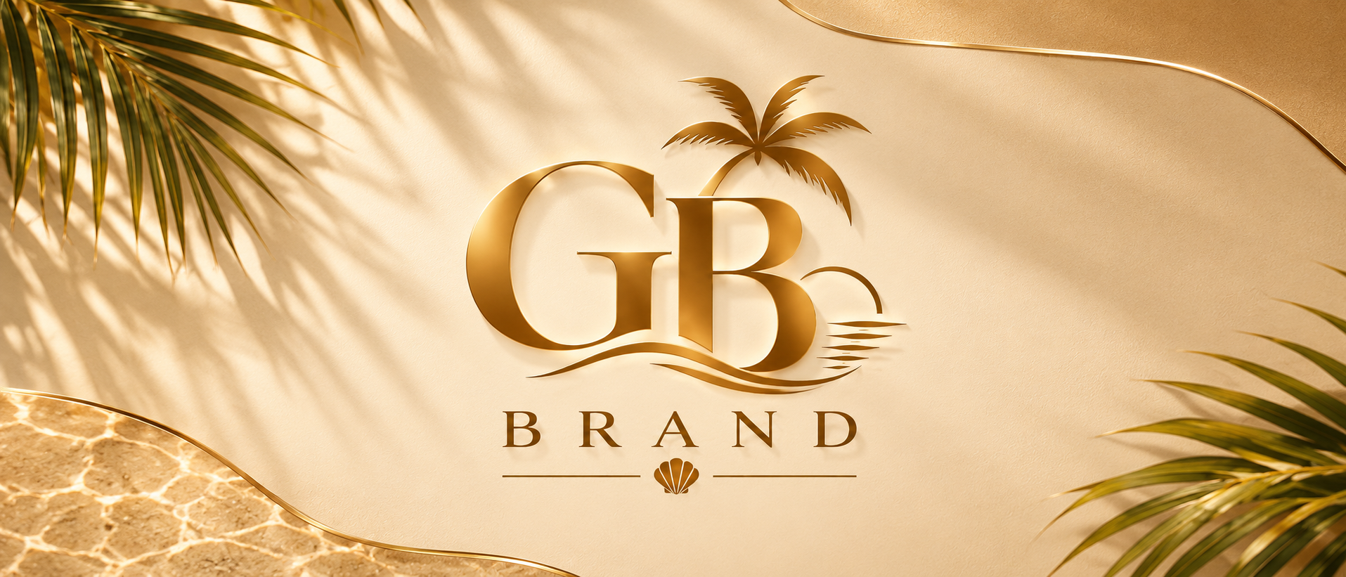 GB Brand em dourado com palmeiras e elementos de praia